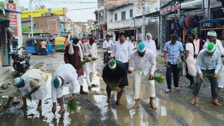 स्टेशन मार्ग पर जलभरॉव पर पौध रोपण कर विरोध जताते
