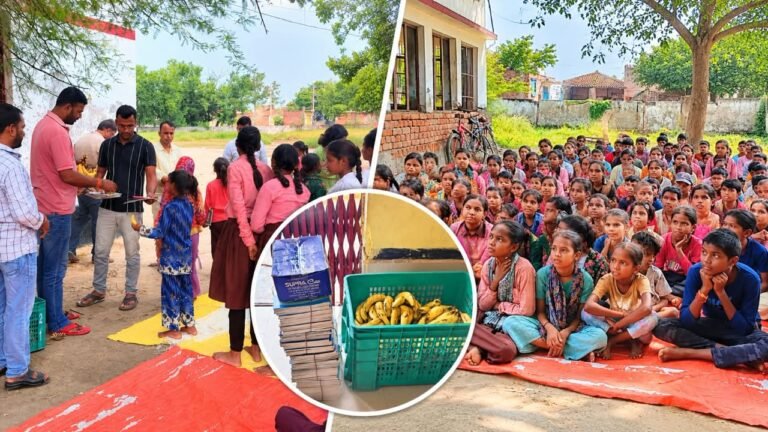 बाबा की पुण्यतिथि पर बच्चों को बांटी कॉपी-पेन और फल